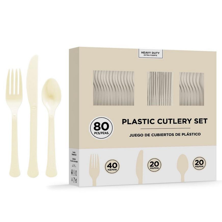 Vanilla Cream Heavy-Duty Plastic Cutlery Set for 20 Guests, 80ct